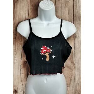 Romwe Black Mushroom Crop Tank Top Sz Medium Scoop Neck Lettuce Hem Boho New